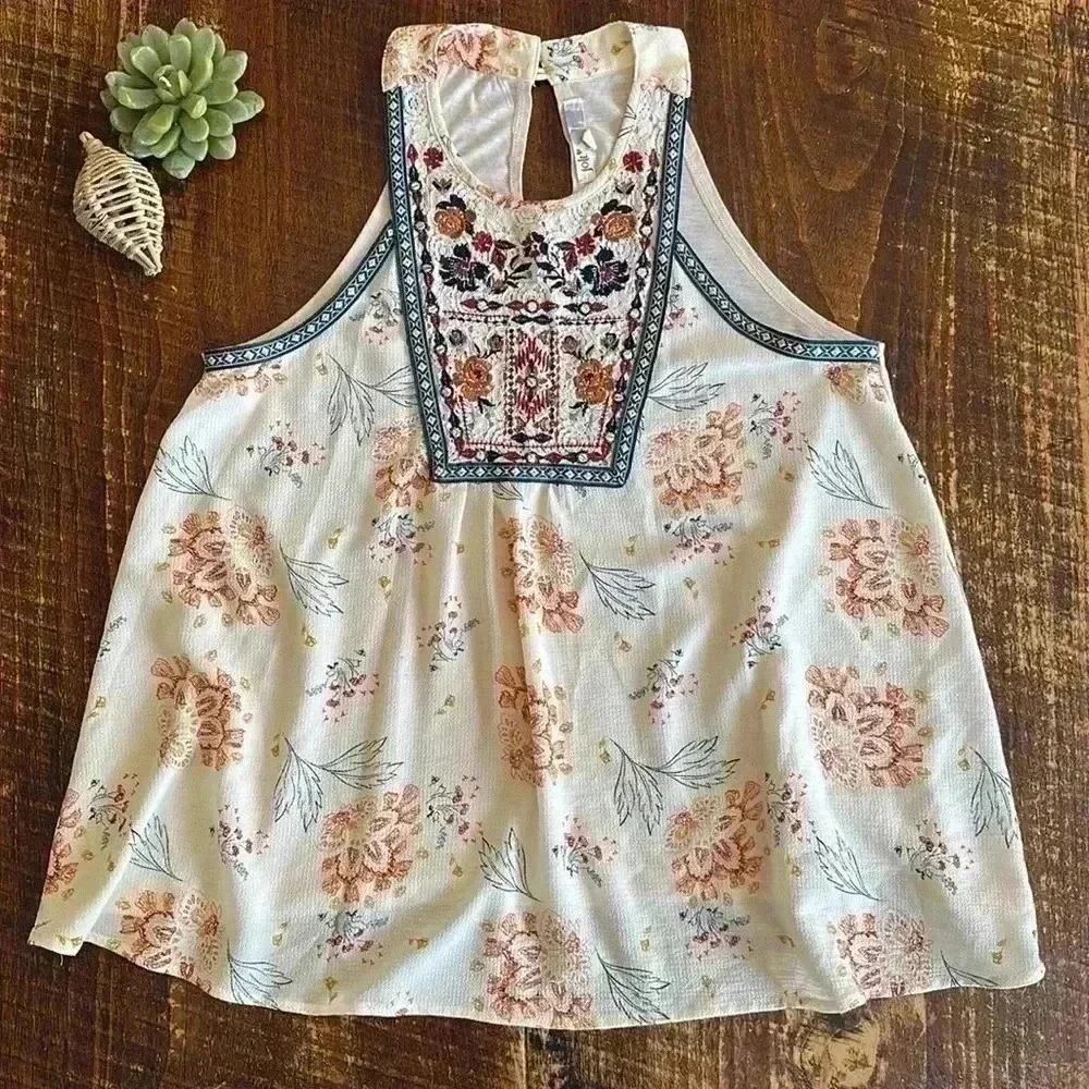 Jolt | Cream Floral Embroidered Boho Tank Top